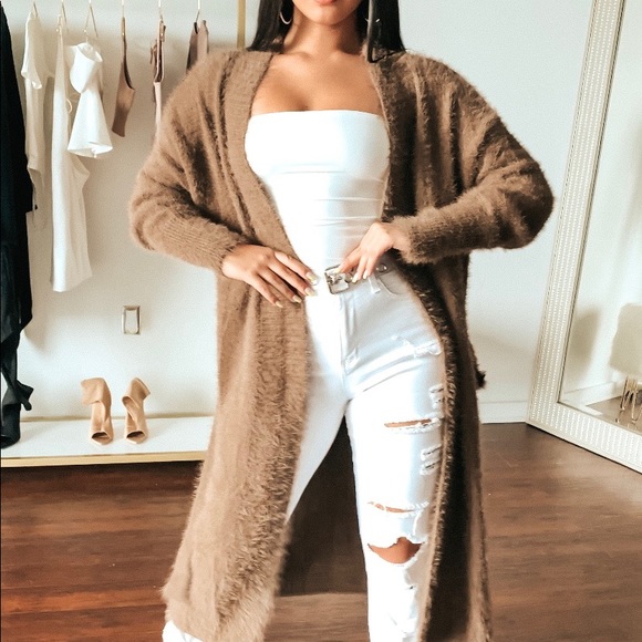 Mocha Long Knit Fuzzy Cardigan - Picture 2 of 7